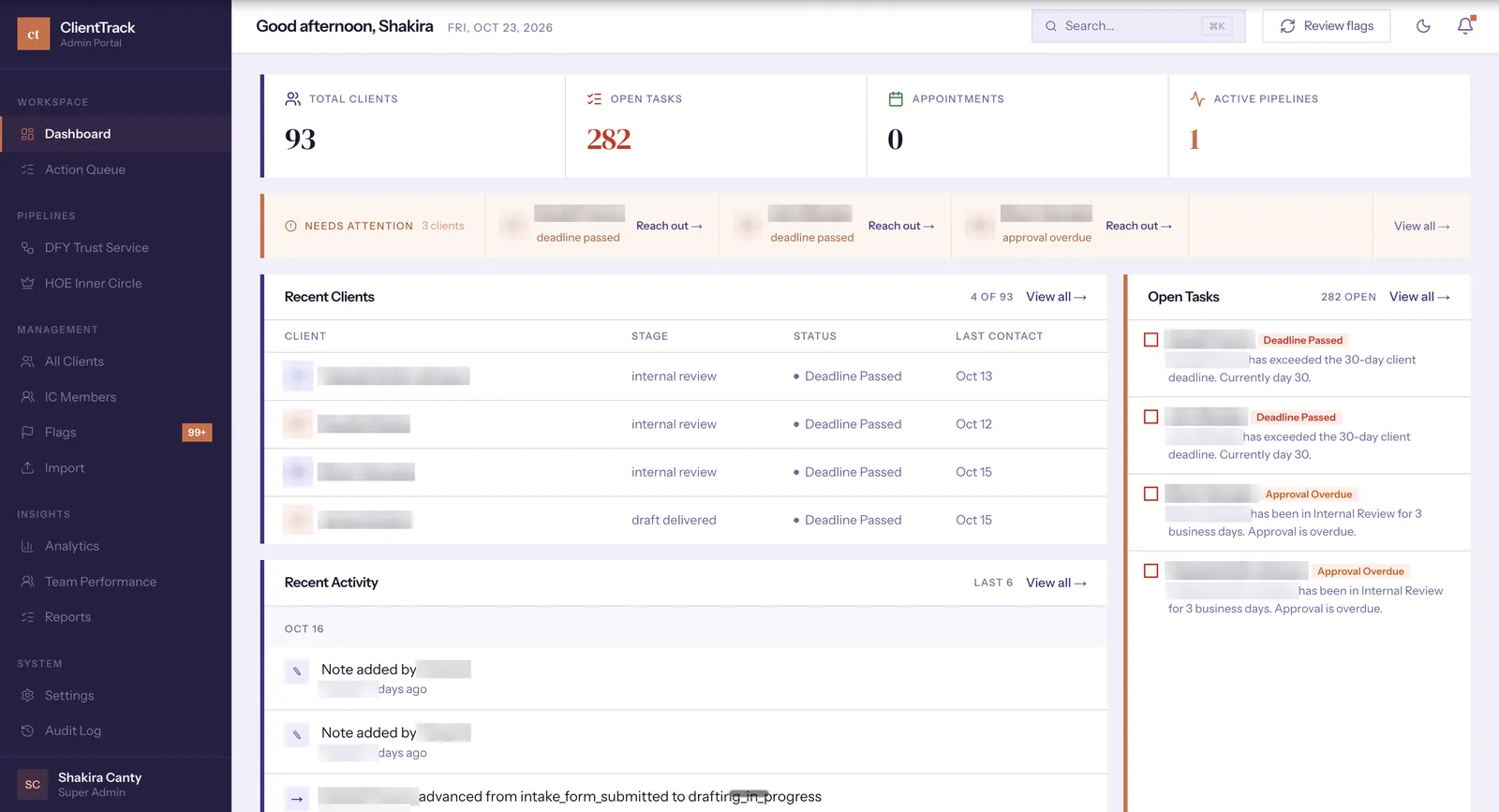 ClientTrack team dashboard