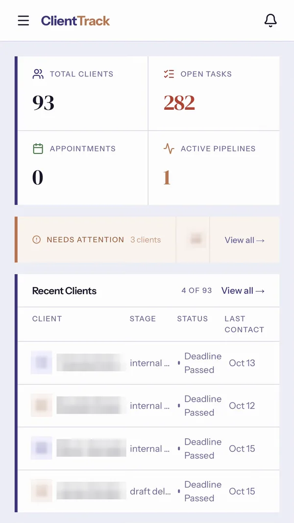 ClientTrack dashboard on a phone