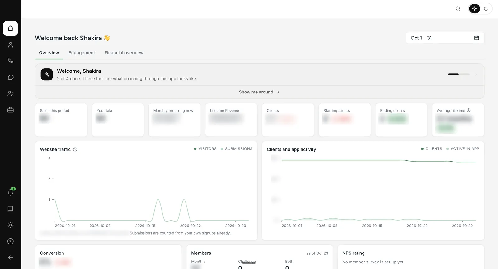 Coach dashboard inside a fitness coaching app: client trends, app activity and team tools