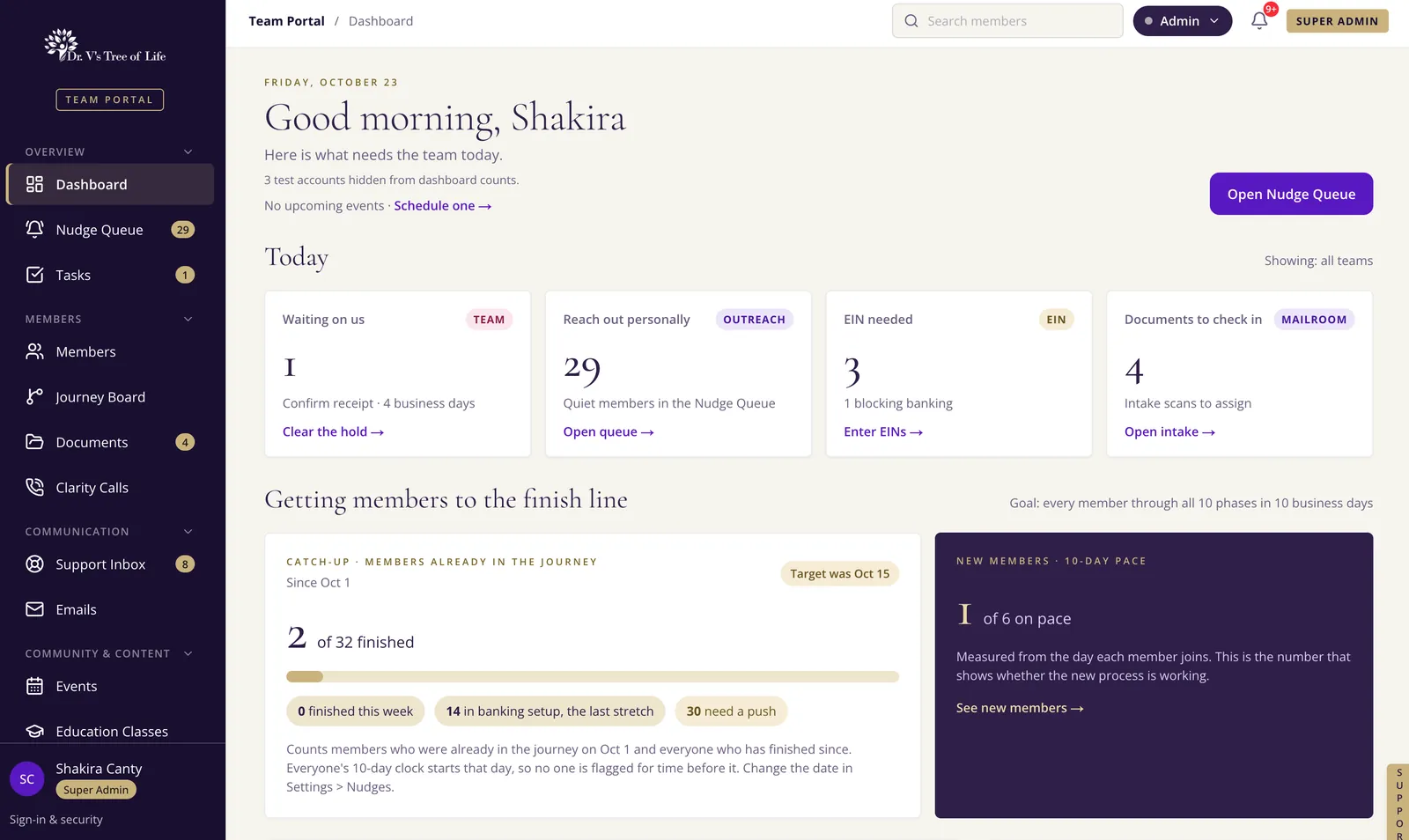 Team dashboard inside the member portal