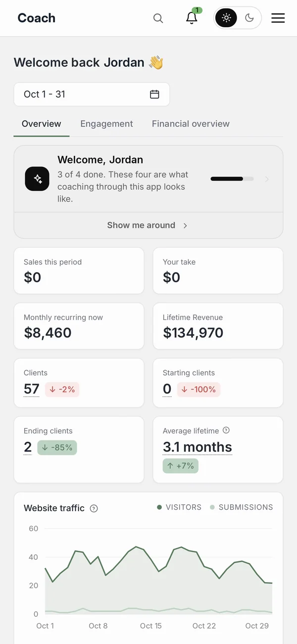 Coach dashboard in the fitness coaching app on a phone: sales, recurring revenue, clients and website traffic