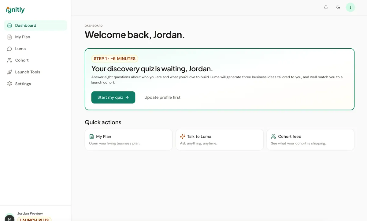 Ignitly dashboard prompting the discovery quiz
